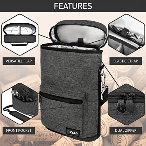 OPUX 2 Bottle Wine Carrier Tote | Insulated Leakproof Wine Cooler Bag For Travel Picnic BYOB | Padded Portable Wine Carrying Bag With Shoulder Strap, Wine Gifts - Charcoal Grey 4 OPUX 2 Bottle Wine Carrier Tote | Insulated Leakproof Wine Cooler Bag For Travel Picnic BYOB | Padded Portable Wine Carrying Bag With Shoulder Strap, Wine Gifts - Charcoal Grey - Image 2