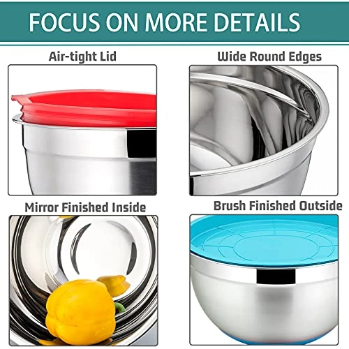 Mixing Bowls With Lids, Set Of 6, Stainless Steel Nesting Mixing Bowls & Fitting Lids & Non-Slip Silicone Bottom, Ideal For Mixing, Storing, Food Preparation 7 Mixing Bowls With Lids, Set Of 6, Stainless Steel Nesting Mixing Bowls & Fitting Lids & Non-Slip Silicone Bottom, Ideal For Mixing, Storing, Food Preparation - Image 5