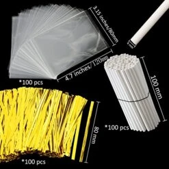 Augshy 300 Pcs Cake Pop Sticks And Wrappers Including 100 Pack Cake Pop Bags,100 Pack Cake Pop Sticks And 100 Pack Golden Ties For Lollipop Wrappers