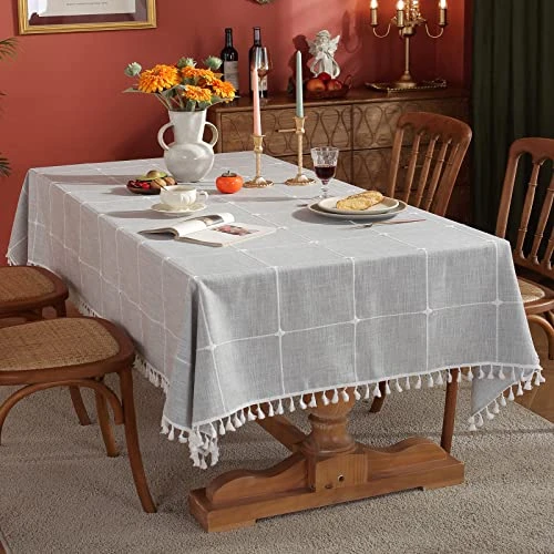 Waterproof Tablecloths For Rectangle Tables 55''x70'' Grey, Rustic Embroidery Plaid Table Cloth With Tassel, Winkle Free Oil Stain Resistant Table Cover For Kitchen Picnic 4 Waterproof Tablecloths For Rectangle Tables 55''x70'' Grey, Rustic Embroidery Plaid Table Cloth With Tassel, Winkle Free Oil Stain Resistant Table Cover For Kitchen Picnic - Image 2