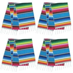 4 Pcs Blue Mexican Table Runner Cotton Mexican Serape Table Runner For Mexican Theme Fiesta Party Cinco De Mayo Carnival, Mardi Gras Party Decorations 14×84 Inch