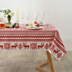 Maxmill Christmas Deer Printed Tablecloth, Spill-Proof And Water Resistance Table Cloth For Christmas Dinner, Holiday And Family Gatherings, And Christmas Dinner Rectangle 60 X 84 Inch