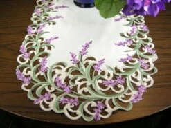 Mbroidered Table Runner With Lavender Lilac Flowers On Cream, Approx. 14 By 34 Inch, Machine Washable