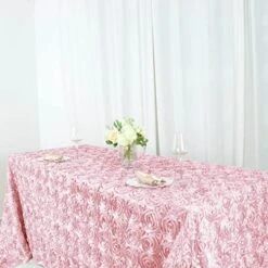 90x156 Blush Satin Raised Rosettes Rectangle Tablecloth Wedding Party Dining Room Table Linens