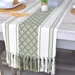 Dining Table Runner With Tassels 14 X 90 Inches, Blue & Cream | Woven Washable Console Table Runner/Dresser Scarf, Farmhouse Long Bohemian Table Top Decorations With Fringe For Holiday Party -Wilton Shop 51Y78 YaPiL. AC