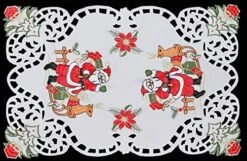 4PCS Holiday Christmas Embroidered Santa Reindeer Poinsettia Placemats 11x17 White, Set Of 4 Pieces