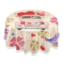 Valentine Heart Round Tablecloth, Pink Truck Mothers Day Flowers Table Cloth Cover Mat, Lace Washable Polyester 60" Dining Decorative For Holiday Home Party Wedding Picnic