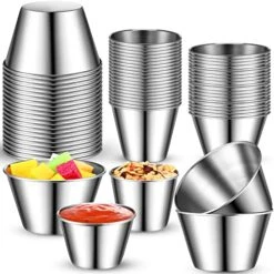 60 Pcs Stainless Steel Sauce Cups 1.5 Oz, 2.5 Oz, 5.5 Oz Individual Round Condiments Cups Ramekin Dipping Sauce Cup For Dish Vinegar Butter Lemon Slices Ice Cubes Kitchen Camping BBQ Dinner Party