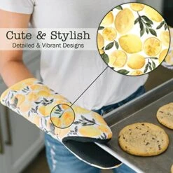 Heat Resistant Designer Kitchen Oven Mitts With Neoprene Non-Slip Grips And Hanging Loops | Set Of 2 100% Cotton Long Sleeve Kitchen Oven Mitts | 5.5" X 12" | Yellow Lemons -Wilton Shop 51Z6dYnZ2EL