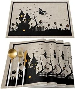 Halloween House Placemat Set Of 6, Haunted House Pumpkins Farmhouse Place Mats Non-Slip Heat-Insulated Witch Castle Table Mats Washable Linen Kitchen Placemats For Dining Table Scary Movie Nights -Wilton Shop 51ZJTc3dmwS. AC