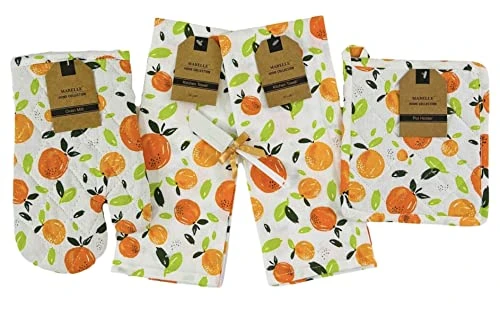 GENERIC Fruit Kitchen Towels And Pot Holder: Watercolor Oranges And Leaf Print On Flat Weave Cotton With Easy Hang Fabric Loops (Orange You Smart) 3 GENERIC Fruit Kitchen Towels And Pot Holder: Watercolor Oranges And Leaf Print On Flat Weave Cotton With Easy Hang Fabric Loops (Orange You Smart)
