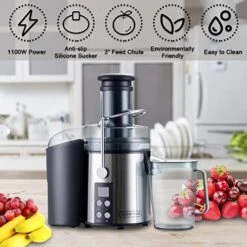 Kognita Centrifugal Juicer Machines，Juicer Machine For Vegetable And Fruit, 1100W Juice Extractor With 3’’ Feed Chute, Pulp Collector, 4-Speed Setting And LCD Monitor - Stainless-Steel, Brush Included -Wilton Shop 51ZneNo0ZjL