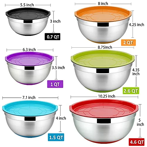Mixing Bowls With Lids, Set Of 6, Stainless Steel Nesting Mixing Bowls & Fitting Lids & Non-Slip Silicone Bottom, Ideal For Mixing, Storing, Food Preparation 5 Mixing Bowls With Lids, Set Of 6, Stainless Steel Nesting Mixing Bowls & Fitting Lids & Non-Slip Silicone Bottom, Ideal For Mixing, Storing, Food Preparation - Image 3