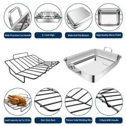 Jitsuryoku 8-Piece Stainless Steel Roasting Pan Set: 16"x13" Rectangular Turkey Roaster, Nonstick Rack, Meat Forks, Injector, Claws & Brush. Heavy Duty & Multi-Use, Dishwasher Safe -Wilton Shop 51ahASJnB3L