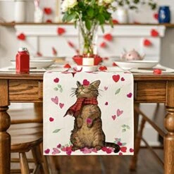 Cat Branches Leaves Heart Mother's Day Table Runner, Seasonal Holiday Kitchen Dining Table Decoration For Indoor Outdoor Home Party Decor 13 X 72 Inch