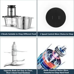 Food Processor With 2 Bowls, JOYAMI Electric Meat Chopper & Vegetable Grinder, 8-Cup Stainless Steel Bowl And Glass Bowl, 4 Sharp Blades, 2 Speed, 400W -Wilton Shop 51bBYQkHZkL