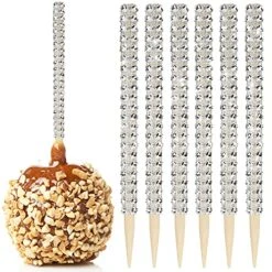 32 PCS Bling Candy Apple Bamboo Sticks, Caramel Apple Wooden Pointed Skewers With Rhinestones Diamond Mesh Wrap, Fruit Treats Pop Dec Bar For Dessert Table Tea Party Birthday Wedding Buffet(Silver)