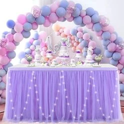 Purple Tulle Table Skirt With Lights 9FT Tutu Table Cloth Round Or Rectangle Tables Perfect For Baby Shower Wedding Birthday Party And Home Decoration(L 9(ft),H 30in)