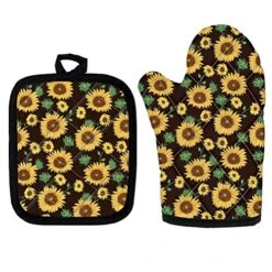 Funny Kitchen Set Sunflower Oven Mitts And Pot Holder Custom Patterns Machine Washable Cotton Material 2pcs Superior Hand Wrist Counter Protection 100% Natural Cotton Flexible Operation