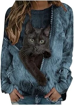 VODMXYGG Womens Long Sleeve Pullover Retro Cat Print Basic O-Neck Sweatshirt Blouse Casual Fashion Loose Fit Tops -Wilton Shop 51biFs3giBL. AC