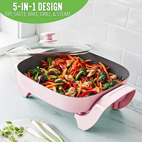 12-inch Nonstick Square Electric Skillet - With Glass Lid, Dishwasher Safe, Pink 4 12-inch Nonstick Square Electric Skillet - With Glass Lid, Dishwasher Safe, Pink - Image 2