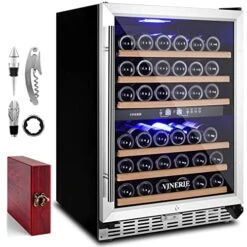 Premium 24 Inch Wine Cooler Refrigerators, 46 Bottle Dual Zone Built-in Or Freestanding Fridge With Upgrade Compressor & Tempered Glass Door, 41F-73F Digital Temperature Control