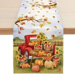 Fall Pumpkin Table Runner, Farm Apple Truck Autumn Thanksgiving Table Runners For Kitchen Dining Coffee Or Indoor And Outdoor Home Parties Decor 13 X 72 Inches SK087 -Wilton Shop 51cSS0 Z7TL. AC