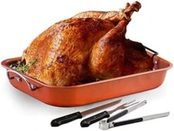 Ovente Kitchen Oven Roasting Pan Nonstick Carbon Steel Baking Tray With V-Shaped Design Rack And Carving Knife Set, Easy Clean Dishwasher Safe & Cooking Roasting Turkey, Chicken, Copper CWR24619CO -Wilton Shop 51cmmKcZCyL. AC