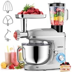 Stand Mixer, BABROUN 6 IN 1 Multifunctional Electric Kitchen Mixer With 6.5QT Stainless Steel Bowl, 1.5L Glass Jar, Meat Grinder, Dough Hook, Whisk, Beater, Noodle Mould, 6 Speeds Food Mixer For Baking Mixing