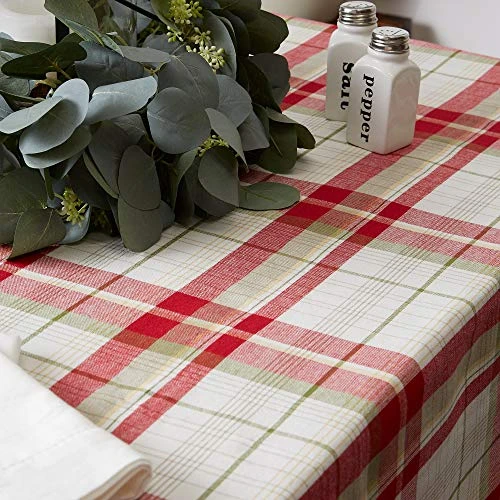 Orchard Plaid Collection Linen Tabletop Essentials, Tablecloth, 70" Round, Taupe/Red 5 Orchard Plaid Collection Linen Tabletop Essentials, Tablecloth, 70" Round, Taupe/Red - Image 3