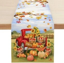 Fall Pumpkin Table Runner, Farm Apple Truck Autumn Thanksgiving Table Runners For Kitchen Dining Coffee Or Indoor And Outdoor Home Parties Decor 13 X 72 Inches SK087 -Wilton Shop 51dxTsfDfCL. AC