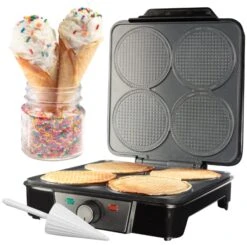 Mini Waffle Ice Cream Cone Maker - Bake 4 Homemade Mini Cones At Once, Includes Shaper Roller - Make Fun Bite Sized Entertaining Desserts For Summer Parties, Special Occasions And Gift Giving Treats
