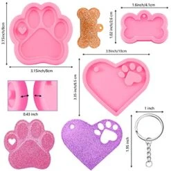 3 Pieces Dog Paw Shaped Heart Dog Paw Print Silicone Keychain Mold With Hole Non-Stick Candy Fondant Mold And 10 Pieces Key Ring For DIY Dog Tag Cake Topper Pudding Desserts Jelly Decoration