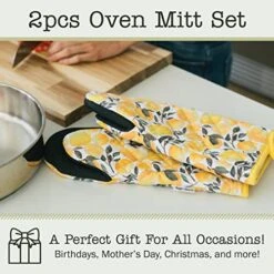 Heat Resistant Designer Kitchen Oven Mitts With Neoprene Non-Slip Grips And Hanging Loops | Set Of 2 100% Cotton Long Sleeve Kitchen Oven Mitts | 5.5" X 12" | Yellow Lemons -Wilton Shop 51epp9Ca7iL
