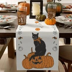 Halloween Black Cat Table Runner Jack-O-Lantern Fall Orange Pumpkin Burlap Autumn Seasonal Table Runners Kitchen Dining Table Center Decor For Home Party Fireplace In/Outdoor(13x72 In) -Wilton Shop 51ffhBJ9rjL