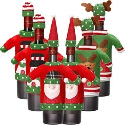 6 Sets Christmas Wine Bottle Sweater Cover Knit Dress Santa Reindeer Snowman Wine Bottle Cover For Christmas Party Decorations (Color 1)