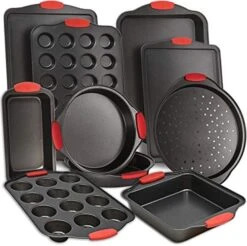 Baking Pan 8 Piece Set Nonstick Carbon Steel Oven Bakeware Kitchen Set With Silicone Handles, Cookie Sheet, 2 Round Cake Pans, Square Pan, Loaf Pan, Deep Dish Pan, Pizza Crisper, Muffin Pan By PERLLI -Wilton Shop 51gCFatwa1L. AC