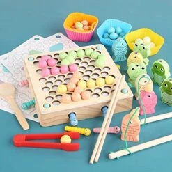 CANAFA Three In One Clip Bead Training Fishing Children's Focus Hand Eye Coordination Training Decontamination Toys Wooden Hund Board Math -Wilton Shop 51gLIvcCGwL