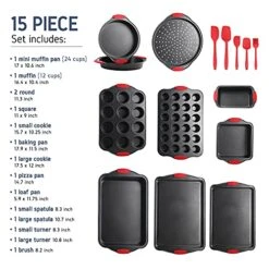 Aking Pans Set, 15 Piece Premium Baking Set, Nonstick Bakeware Sets BPA Free, Cookie Sheets For Baking Nonstick Set, Steel Baking Sheets For Oven With Muffin Pan, Cake Pan & Kitchen Utensils - Black -Wilton Shop 51gonq7oYyS
