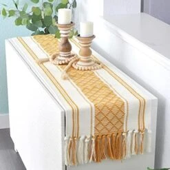 Dining Table Runner With Tassels 14 X 90 Inches, Blue & Cream | Woven Washable Console Table Runner/Dresser Scarf, Farmhouse Long Bohemian Table Top Decorations With Fringe For Holiday Party -Wilton Shop 51hIEHUd5LL. AC