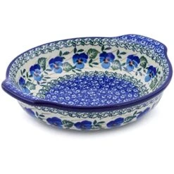 Authentic Polish Pottery 7-inch Round Baker With Handles Made By Ceramika Artystyczna (Blue Pansy Theme) + Certificate Of Authenticity
