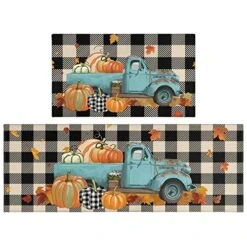 Xsinufn Fall Truck Decorative Kitchen Mat Set Of 2 Piece Watercolor Buffalo Plaid Rug, Seasonal Autumn Thanksgiving Harvest Holiday Vintage Low-Profile Floor Rug 17"x47"+17"x30"