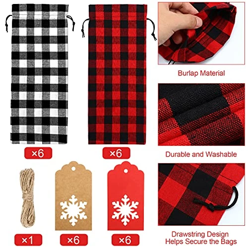 12 Pieces Christmas Wine Bottle Bags Covers Xmas Buffalo Plaid Bottle Cute Wine Cover Christmas Decorative Cover Bags Reusable Wine Present Bag With 12 Tags And Rope For Christmas Decoration 3 12 Pieces Christmas Wine Bottle Bags Covers Xmas Buffalo Plaid Bottle Cute Wine Cover Christmas Decorative Cover Bags Reusable Wine Present Bag With 12 Tags And Rope For Christmas Decoration