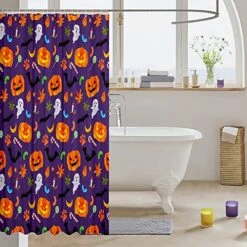 Pumpkin Lantern Bathroom Shower Curtain Sets Black Bats Halloween Decoration,Gothic Spooky Ghost Fabric Shower Curtain For Kids Toddlers,Cartoon Candle Candy Shower Curtain 72" Wx84 L -Wilton Shop 51iXPVG7WrL