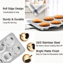 Muffin Pan, Stainless Steel 6 Cup Muffin Tins Pans For Baking, Cupcake Pan Tray Set For Making Cakes Cornbread Quiche And More, Healthy & Non Toxic, Oven & Dishwasher Safe - Set Of 2