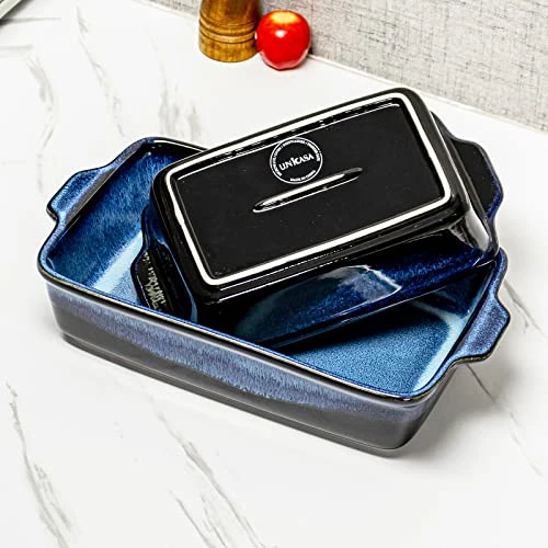 Casserole Baking Dish Set - Ceramic Lasagna Loaf Pans, Oven Safe Rectangular Bakerware Set With Handle For Kitchen Cooking, Bread, Brownies, Banquet And Dinner 11 X 7'' - 2 Piece, Blue 8 Casserole Baking Dish Set - Ceramic Lasagna Loaf Pans, Oven Safe Rectangular Bakerware Set With Handle For Kitchen Cooking, Bread, Brownies, Banquet And Dinner 11 X 7'' - 2 Piece, Blue - Image 6