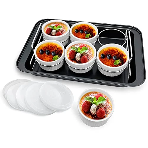 Ramekins Set With 6 Silicone Lids, Mothers Day Gifts Creme Brulee Making Set,304 Stainless Steel Lifting Rack And 10" X 14.6" Bottom Baking Pan, Set Of 6 Porcelain Ramekins, Oven Safe Covered Bowls & Soufflé Ramiken 3 Ramekins Set With 6 Silicone Lids, Mothers Day Gifts Creme Brulee Making Set,304 Stainless Steel Lifting Rack And 10" X 14.6" Bottom Baking Pan, Set Of 6 Porcelain Ramekins, Oven Safe Covered Bowls & Soufflé Ramiken