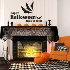 Halloween Fireplace Decoration Festive Party Supplies Lace Spiderweb Fireplace Mantle Scarf Cover Black Cobweb Fireplace Scarf Indoor Halloween Door Table Porch Decor 35x95 Inch -Wilton Shop 51jMtW6Bn7L