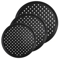 3-Piece Non-Stick Pizza Crisper Pan Set, 9.5 Inch, 11 Inch, 12.5 Inch Carbon Steel Perforated Pizza Pan Round Pizza Tray With Holes For Home Restaurant Hotel Use, Black