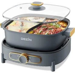 Dezin Electric Hot Pot With Divider, 5L Double-Flavor Shabu Shabu Hot Pot, Dual Sided Removable Non-Stick Electric Pot, 3" Depth Divided Hotpot Pot With Multi-Power Control, 2 Silicone Ladles Included